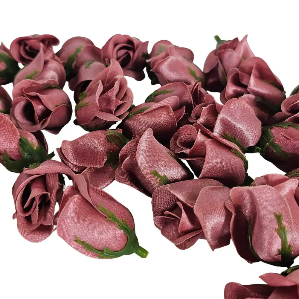 50 Mauve Pink Satin Rose Buds Stemless Wedding Floral Craft DIY 2 inch